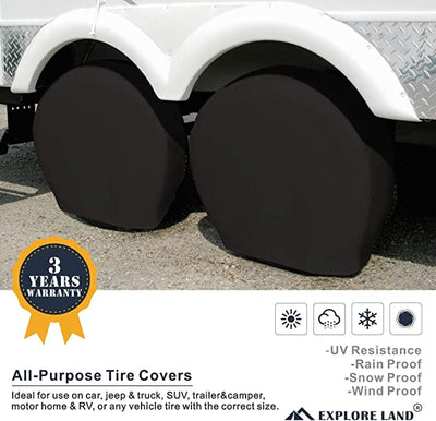 Explore Land Tire Covers 4 Pack - Tough Tire Wheel Protector for Truck, SUV, Trailer, Camper, RV - Universal Fits Tire Diameters 29-31.75 inches, Black