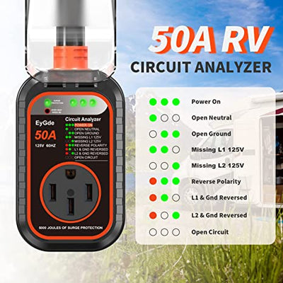 EyGde RV Surge Protector 50 Amp - UL Certified - Upgraded 5000 Joules RV Circuit Analyzer 50amp Surge Protectors with Waterproof Cover, Power Voltage Protection Guard Camper Travel Trailers